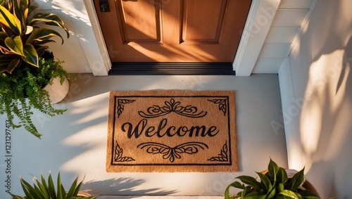 Overhead view of 'welcome' mat outside inviting front door of house