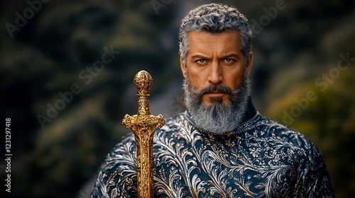A regal warrior stands confidently with a golden sword, surrounded by a lush, mountainous landscape