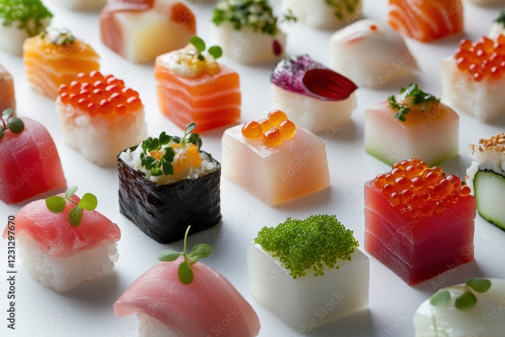Variety of Colorful Sushi, Close up View Variety of Colorful Sushi, Close up View