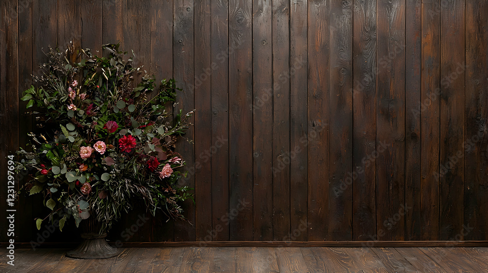 Fototapeta premium Dark wood wall backdrop with floral arrangement