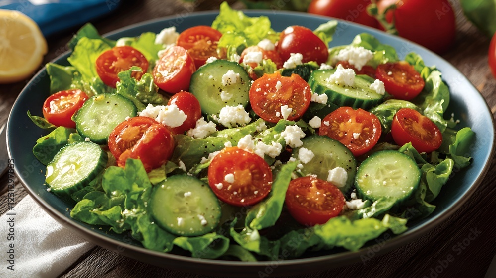 Bright and airy shot of fresh garden salad with cherry tomatoes, cucumbers, and crumbled feta Bright and airy shot of fresh garden salad with cherry tomatoes, cucumbers, and crumbled feta