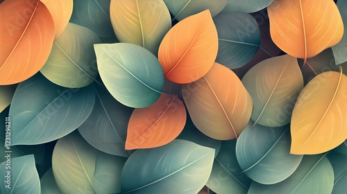 Seamless Abstract Decorative 3D Foliage Pattern with Vibrant Gradient Hues and Intricate Overlapping Botanical Forms