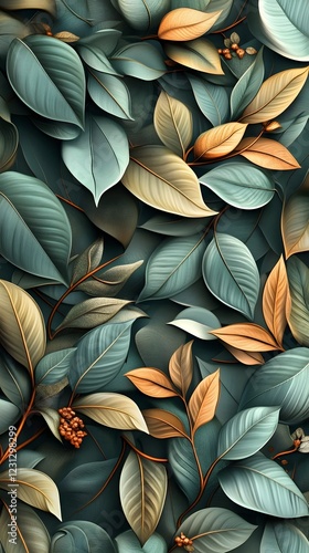 Wallpaper Mural Lush Layered Decorative Botanical 3D Leaf Pattern Background in Earthy Tones Torontodigital.ca