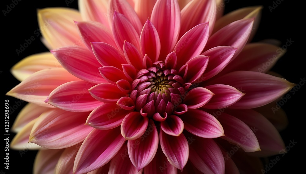 Obraz premium Close-up of a vibrant pink dahlia flower with delicate petals against a dark background, showcasing its intricate details and radiant beauty.