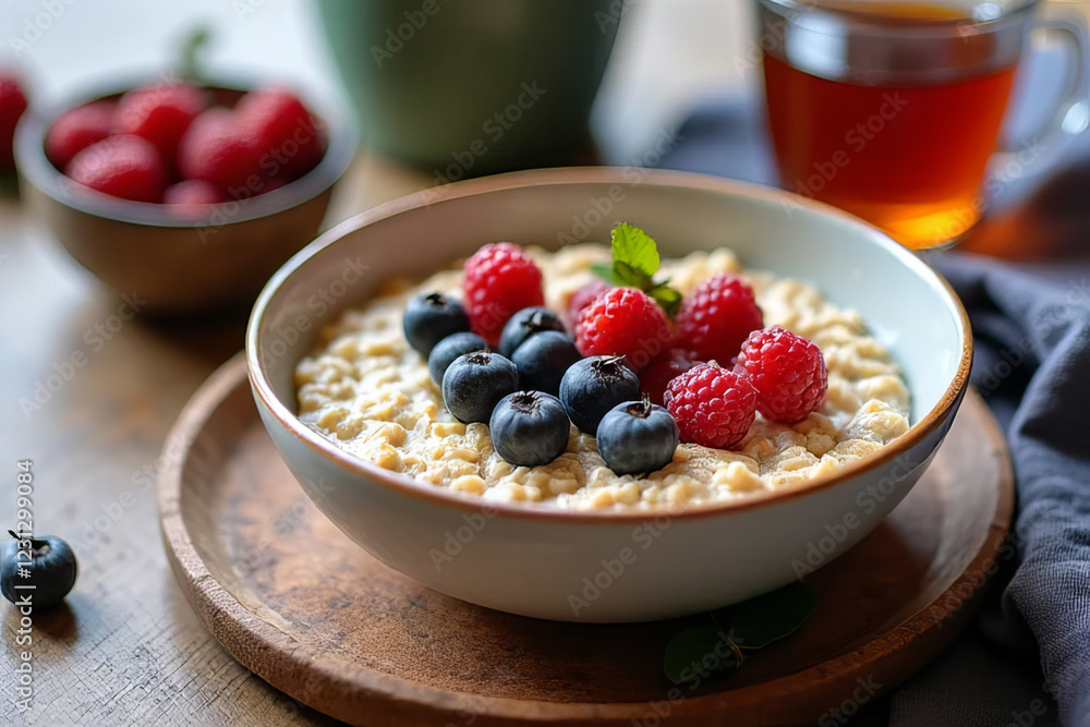 Creamy oatmeal topped with fresh blueberries and raspberries, served with tea Creamy oatmeal topped with fresh blueberries and raspberries, served with tea