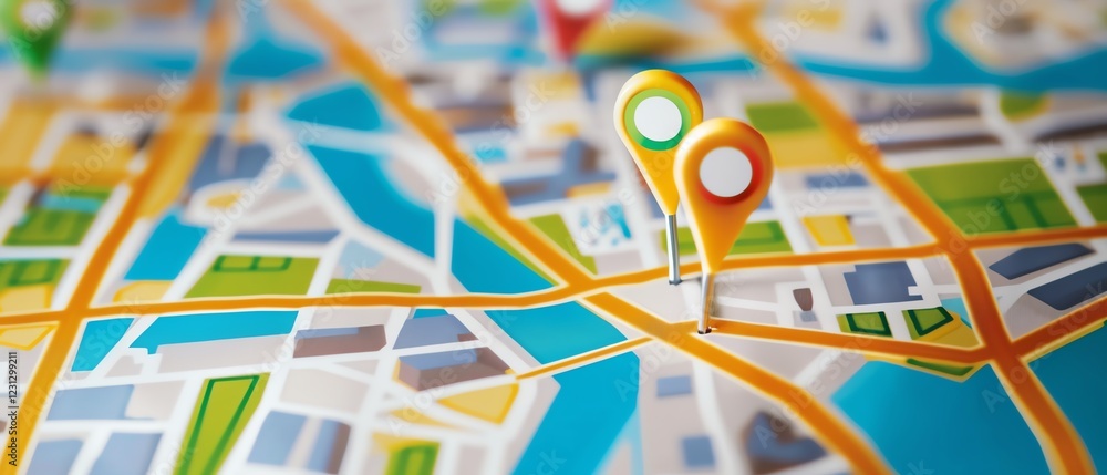 Obraz premium Close-up of a city map with colorful location markers, highlighting urban planning, travel destinations, and navigation routes.
