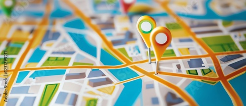 Close-up of a city map with colorful location markers, highlighting urban planning, travel destinations, and navigation routes.