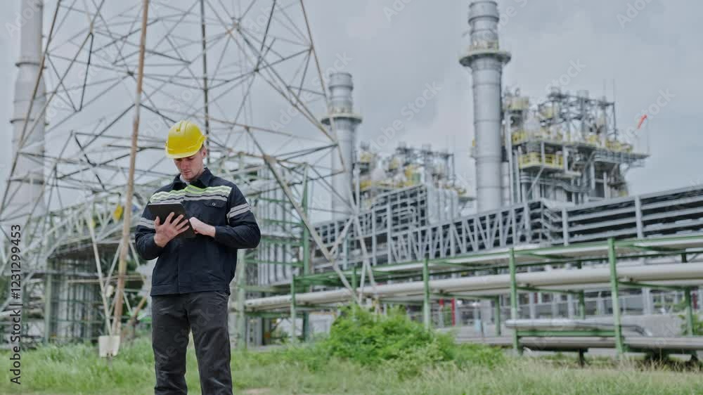 Worker monitors industrial site with tablet while wearing hard hat and safety gear in an energy facility Worker monitors industrial site with tablet while wearing hard hat and safety gear in an energy facility