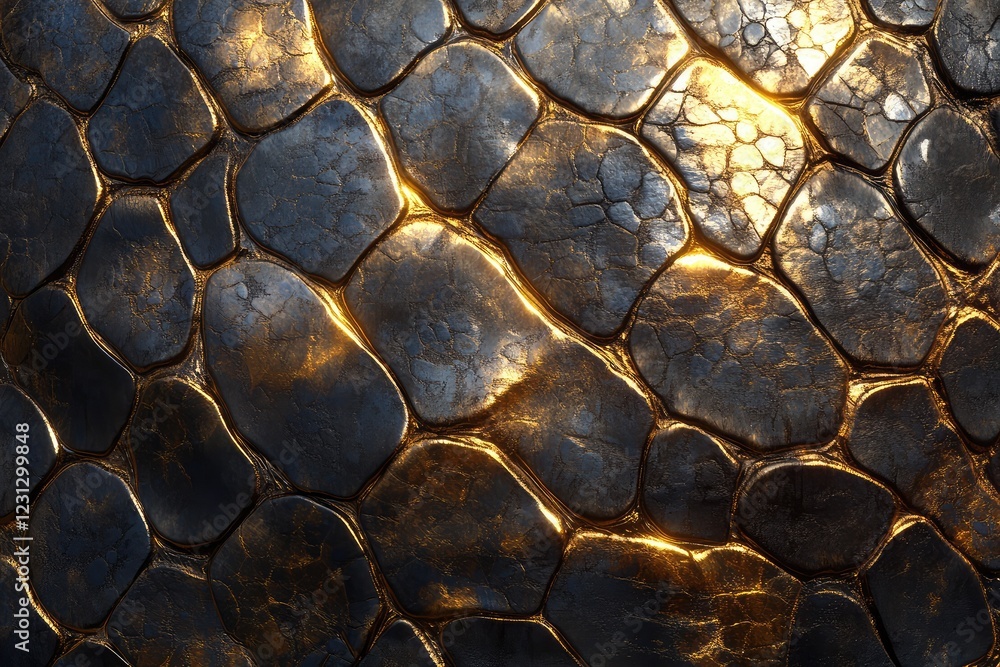 Snake skin pattern shimmering with metallic reflections, where the intricate, textured surface glows under soft, ambient light, creating a striking, otherworldly scene Snake skin pattern shimmering with metallic reflections, where the intricate, textured surface glows under soft, ambient light, creating a striking, otherworldly scene