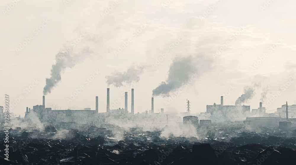 A somber industrial scene showcasing factories emitting smoke and pollution. The image highlights environmental concerns and the impact of man-made emissions on the ecosystem. A somber industrial scene showcasing factories emitting smoke and pollution. The image highlights environmental concerns and the impact of man-made emissions on the ecosystem.