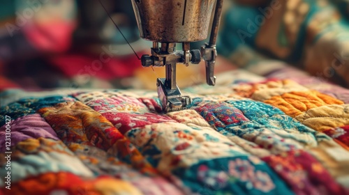 Vintage Sewing Machine Stitching a Colorful Patchwork Quilt photo