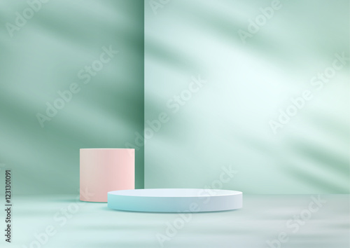 Minimalist Pastel 3D Cylindrical Podiums with Soft Sunlight and Shadows on Mint Green Background for Product Display and Mockup