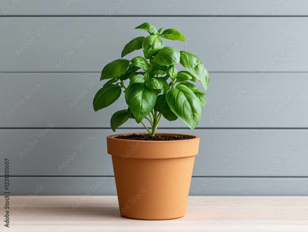 Fototapeta premium Fresh basil plant in a terracotta pot on a wooden table