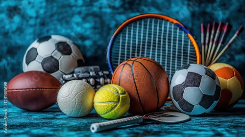 A collection of sports equipment, including a basketball ball and a football in the background, 