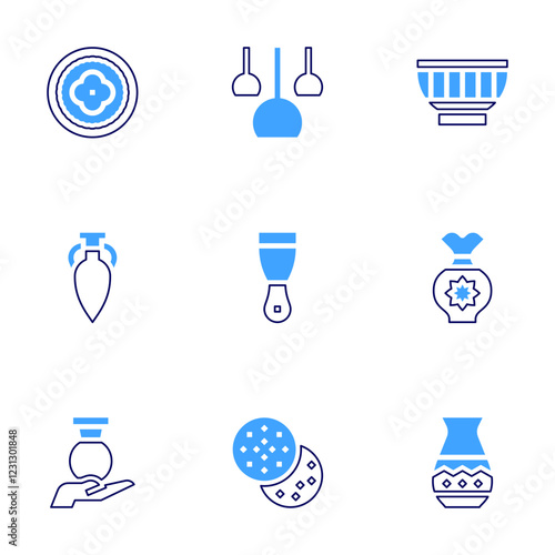 Pottery icon set. Bold line style. Duotone colors. Editable stroke. putty, amphora, lamps, pot, plate, ceramic, ceramics, bowl, vase