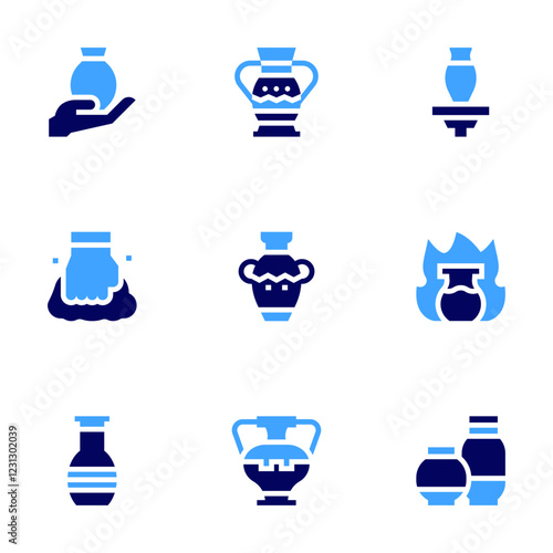 Pottery icon set. Bold style. Duotone colors. ceramic, clay, vase, pottery, ceramics