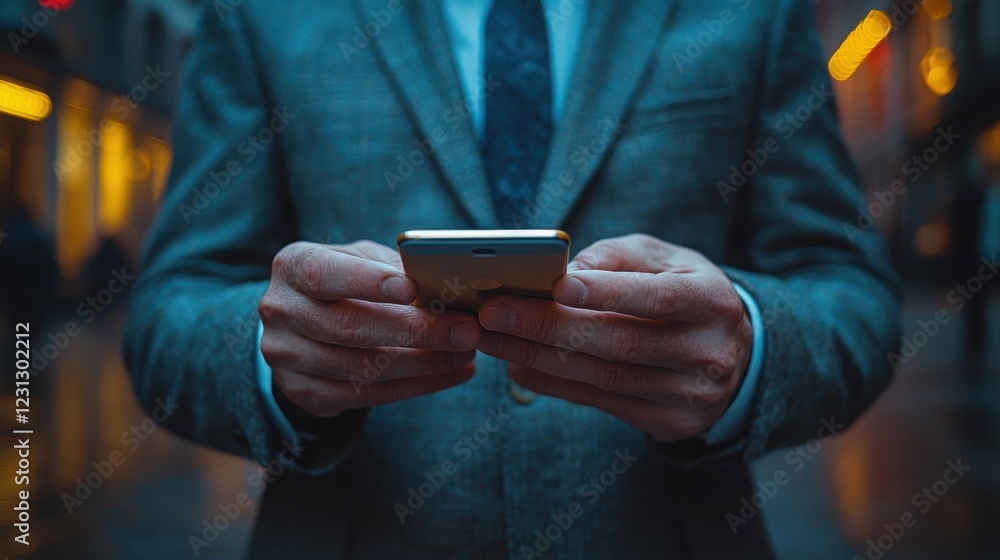 Businessman Using Smartphone at Night in City Urban Professional Mobile Phone Use Businessman Using Smartphone at Night in City Urban Professional Mobile Phone Use