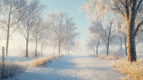 Wallpaper Mural An Idyllic Winter Landscape with a Snow-Covered Path and Trees Torontodigital.ca