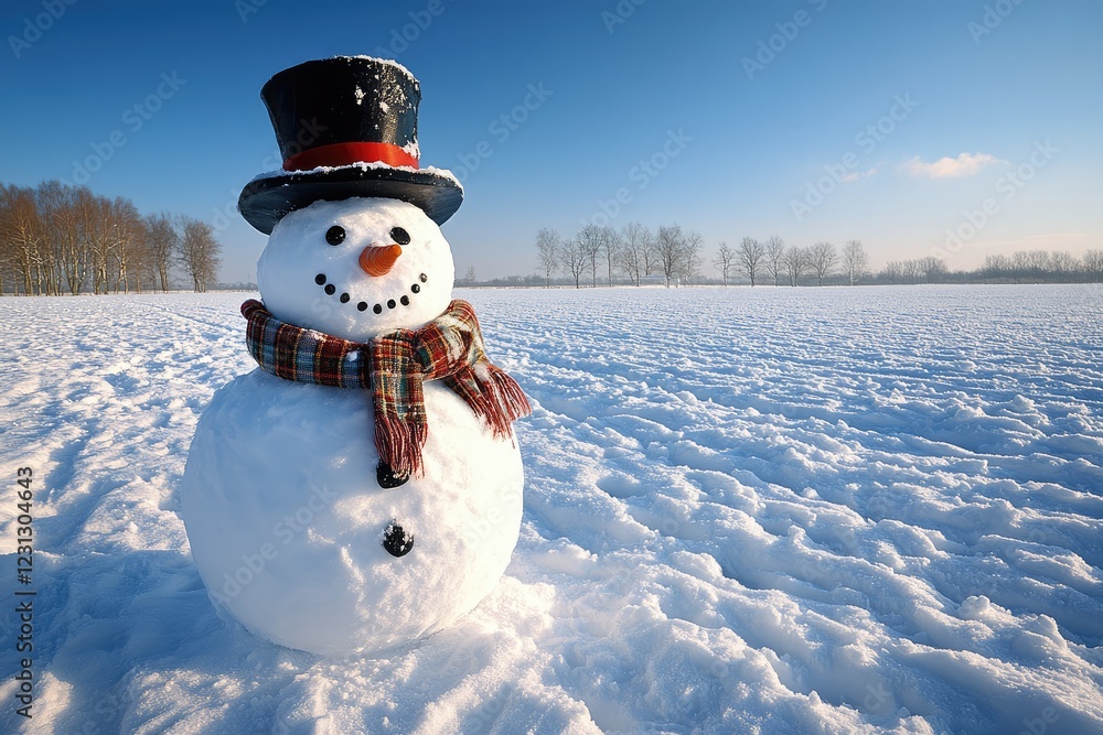 Obraz premium Snowman wearing a top hat and scarf, standing proudly in a snowy meadow under a clear blue sky