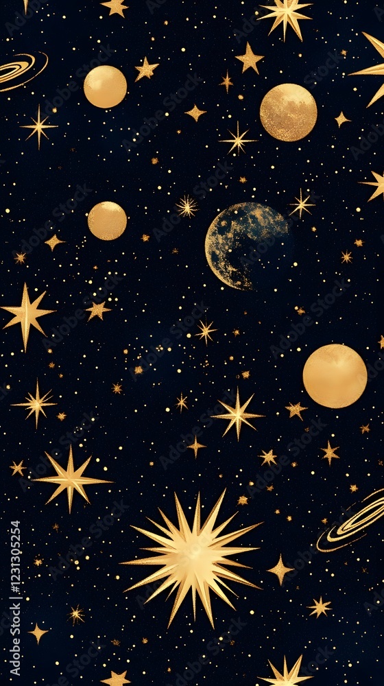 Fototapeta premium Seamless Background of Glowing Celestial Objects and Cosmic Patterns in the Night Sky