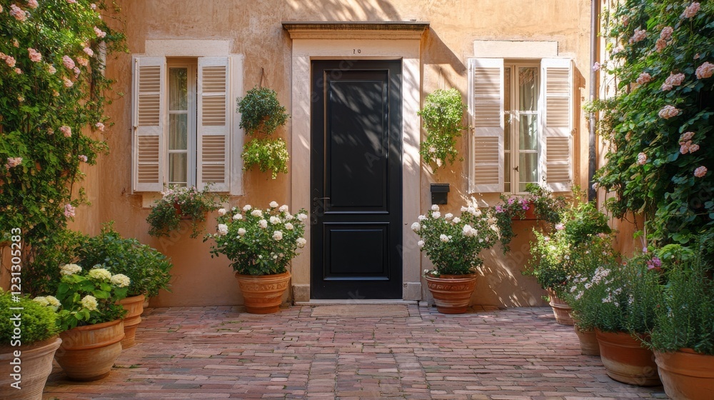 3.An elegant European townhouse facade showcasing a matte black door surrounded by gleaming white shutters and rectangular windows. Carefully placed ceramic pots brim with flowering plants and ivy, 3.An elegant European townhouse facade showcasing a matte black door surrounded by gleaming white shutters and rectangular windows. Carefully placed ceramic pots brim with flowering plants and ivy,