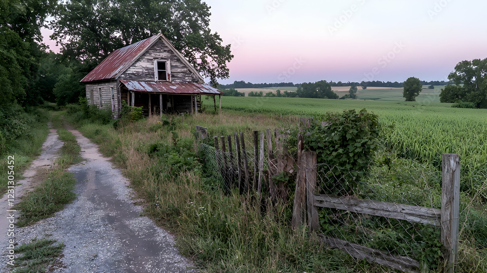 Abandoned farmhouse at dawn, rural landscape, farmland background, nostalgic imagery Abandoned farmhouse at dawn, rural landscape, farmland background, nostalgic imagery