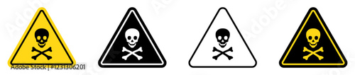 Set of skull warning sign symbol vector icon isolated. Danger sign with skull and crossbones. Warning, icon of poison, toxic, chemical and electricity. Triangle shape flat design. Vector illustration.