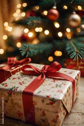 Box with a red ribbon on top of it is sitting on a table next to a Christmas tree