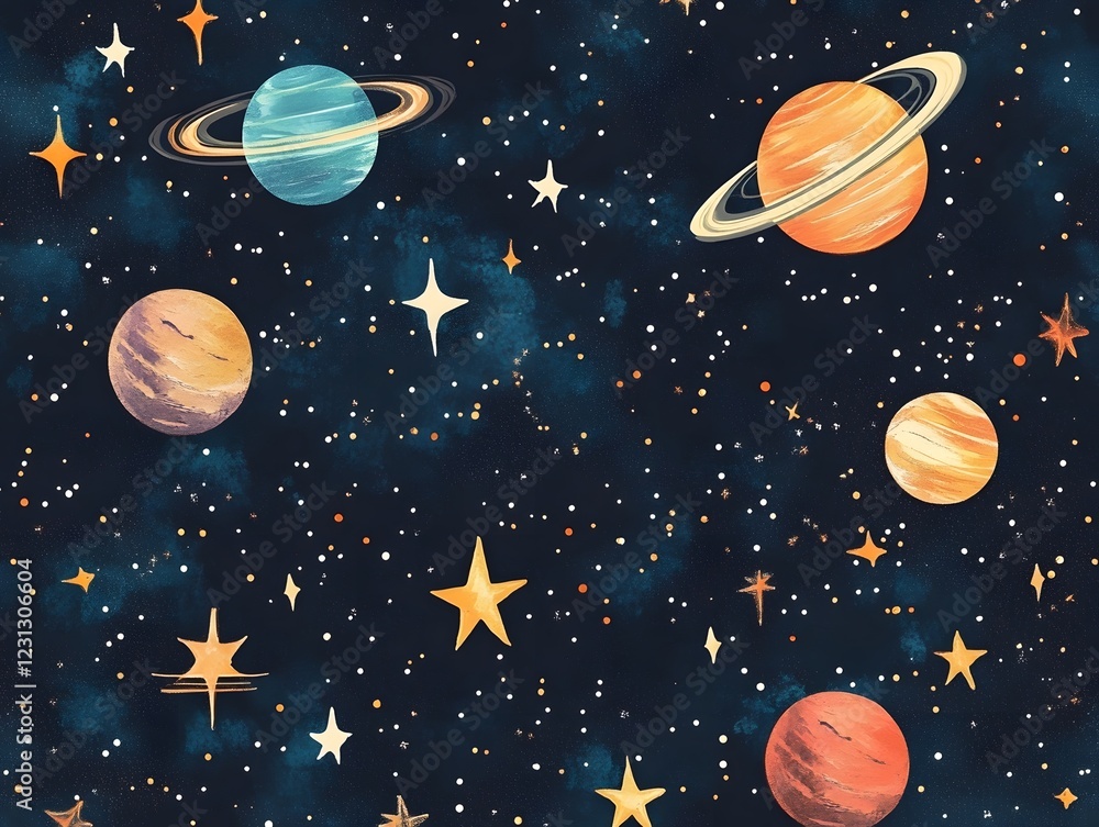 Naklejka premium Seamless Cosmic Pattern with Vibrant Planets Moons and Sparkling Stars in Night Sky Background