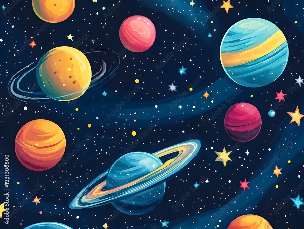 Seamless Colorful Glowing Space and Stars Pattern Background for Digital Art and Design