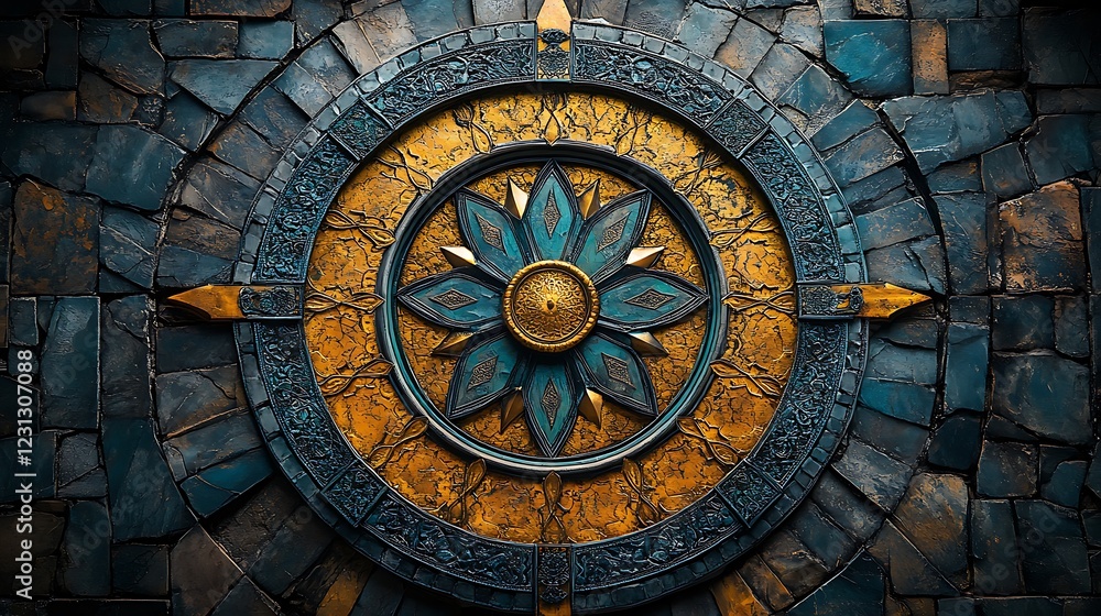 Obraz premium Decorative Blue and Gold Stone Compass Rose Embedded in a Textured Stone Wall