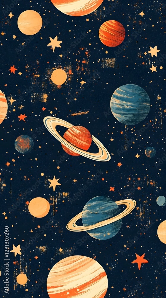 Naklejka premium Seamless Space and Stars Pattern Background with Planets Nebulae and Celestial Wonders