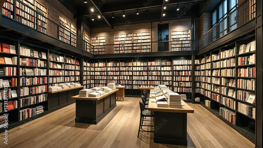 A large library with many bookshelves and a lot of books. There are many chairs and tables in the library A large library with many bookshelves and a lot of books. There are many chairs and tables in the library