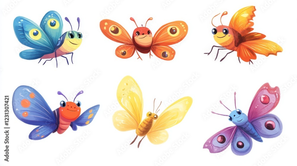 42.A collection of multicolored, smiling cartoon butterflies flying gracefully across a white background. Each butterfly is uniquely designed with playful features, ideal for use in party 42.A collection of multicolored, smiling cartoon butterflies flying gracefully across a white background. Each butterfly is uniquely designed with playful features, ideal for use in party