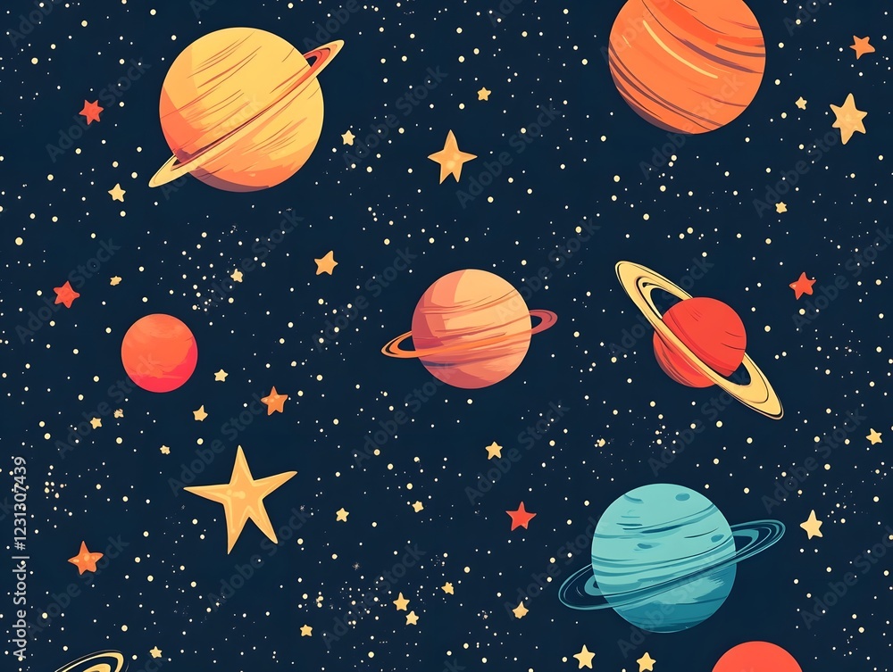 Seamless Cosmic Pattern with Vibrant Planets Stars and Celestial Bodies in Starry Night Sky Seamless Cosmic Pattern with Vibrant Planets Stars and Celestial Bodies in Starry Night Sky