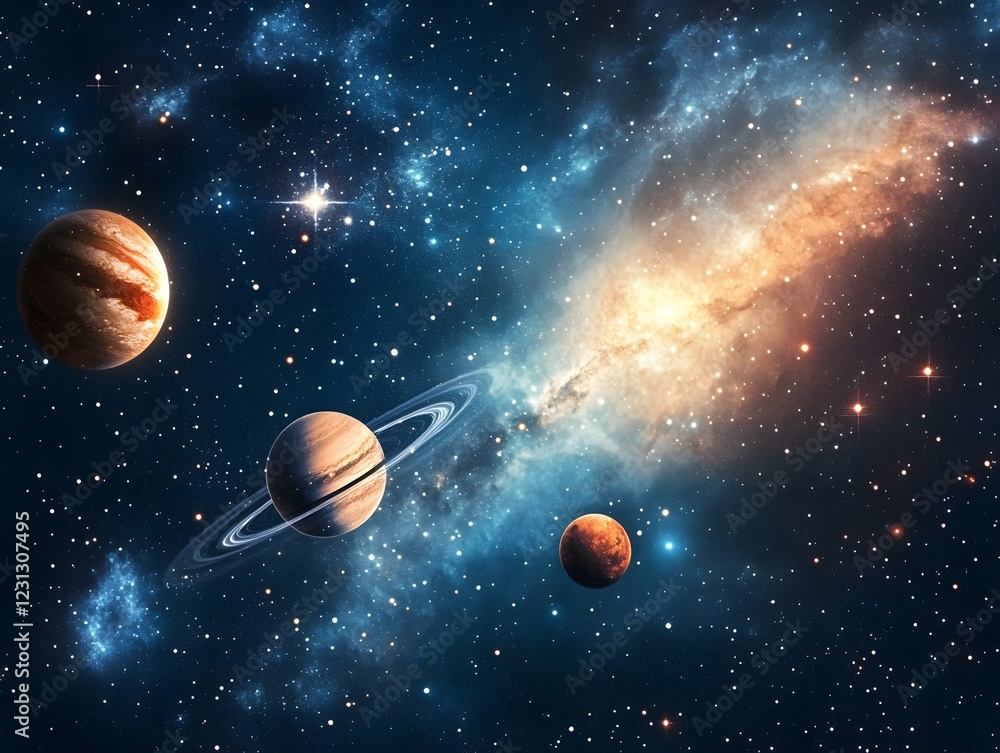 Fototapeta premium Captivating Cosmic Landscape with Vibrant Galaxies Nebulae and Celestial Bodies in the Expansive Universe