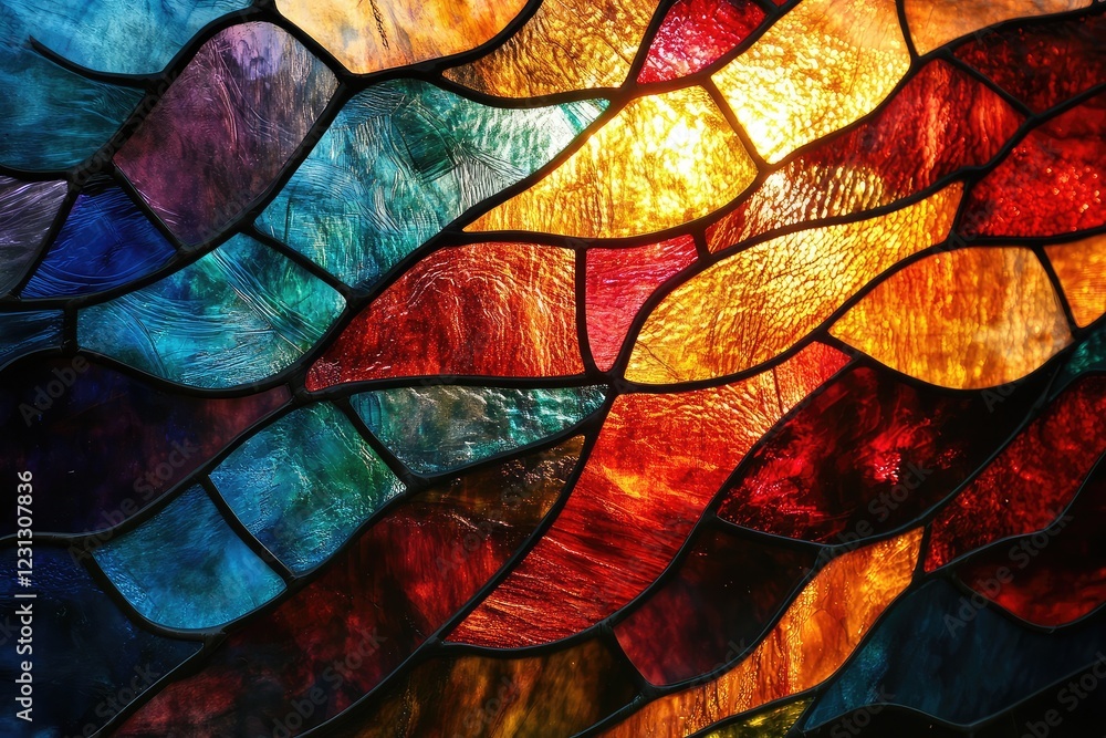 custom made wallpaper toronto digitalStained glass patterns with vibrant, fragmented colors, creating a dynamic and colorful composition with intricate, light-catching designs