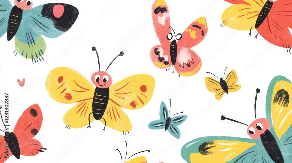 49.A fun and colorful set of cartoon butterflies with exaggerated, friendly faces and bold, bright colors. The butterflies flutter across a clean, white background, perfect for playful party themes 49.A fun and colorful set of cartoon butterflies with exaggerated, friendly faces and bold, bright colors. The butterflies flutter across a clean, white background, perfect for playful party themes