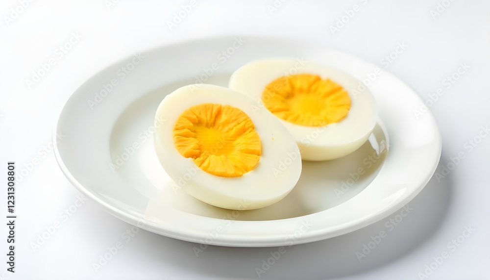 Sliced boiled egg on white plate, white background Sliced boiled egg on white plate, white background