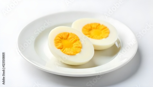 Sliced ​​boiled egg on white plate, white background