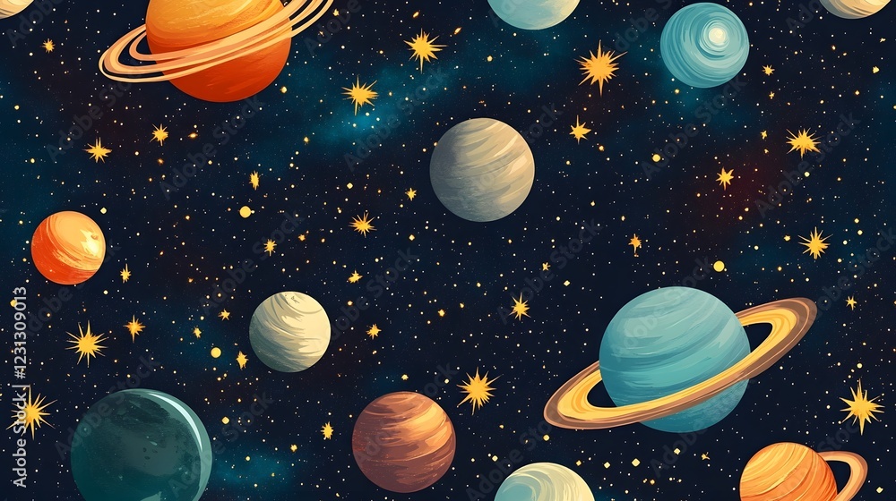 Dazzling Celestial Backdrop with Swirling Planets and Twinkling Stars in Seamless Cosmic Pattern Dazzling Celestial Backdrop with Swirling Planets and Twinkling Stars in Seamless Cosmic Pattern