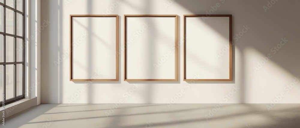 Fototapeta premium Three empty frames on sunlit wall with shadow patterns for artwork or design display.