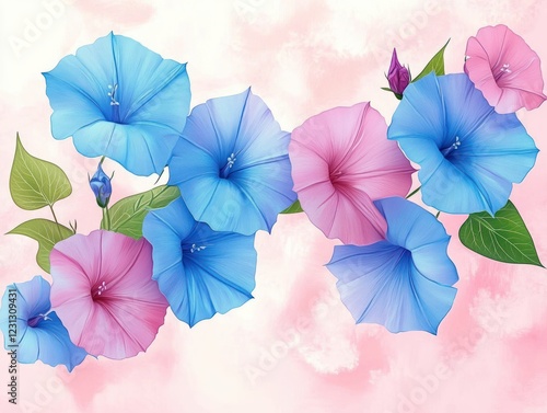 Morning Glory Floral Illustration Summer Design Watercolor Plants Blue Pink Flowers Nature photo