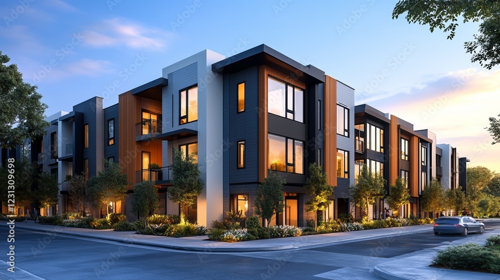 Fototapeta premium Contemporary Urban Living Showcasing a Row of Stylish Apartment Buildings with a Welcoming Street Scene Inviting Residents and Visitors to Experience Modern City Lifestyle and Architecture