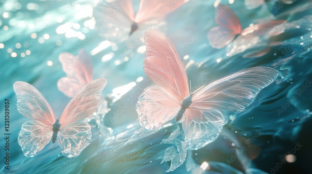 Fototapeta premium 78.A detailed 3D image of delicate holographic butterflies in soft hues of pink and white, gracefully drifting in an underwater scene. The butterflies have intricate, ethereal wings that glisten with