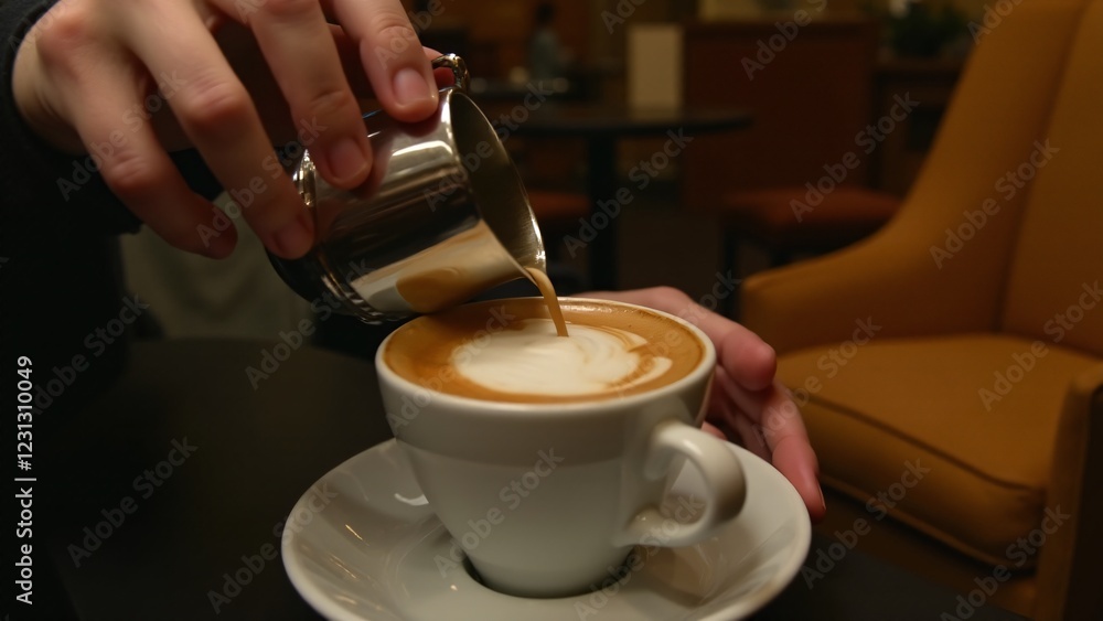 A hand pours a frothy cappuccino into a delicate porcelain cup in a cozy corner café. The warm ambiance and precise pour create the perfect relaxing coffee experience. A hand pours a frothy cappuccino into a delicate porcelain cup in a cozy corner café. The warm ambiance and precise pour create the perfect relaxing coffee experience.