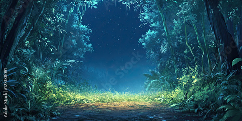 Anime cartoon style forest, jungle night backdrop, rainforest illustration, digital background