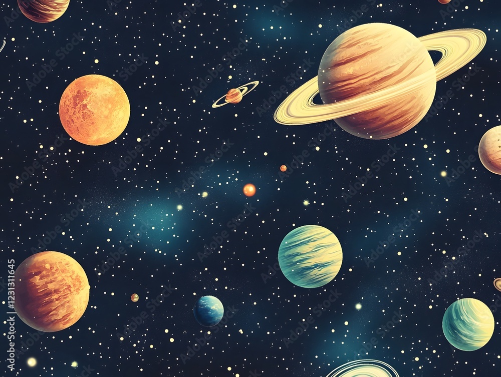 Seamless Decorative Space Pattern Background with Planets and Celestial Bodies Seamless Decorative Space Pattern Background with Planets and Celestial Bodies