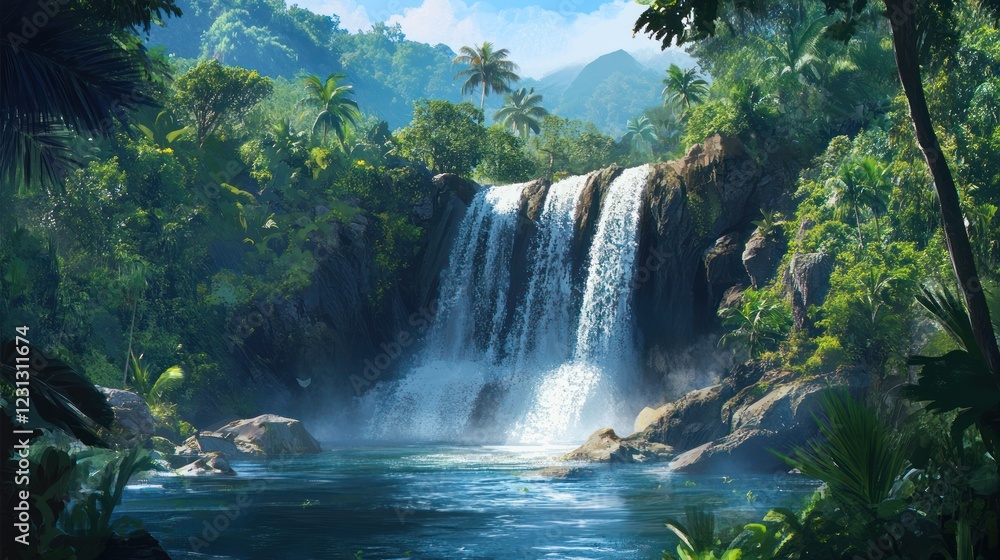 Fototapeta premium Lush Tropical Waterfall, Tranquil Pool, Green Mountains, Paradise, Travel Brochure