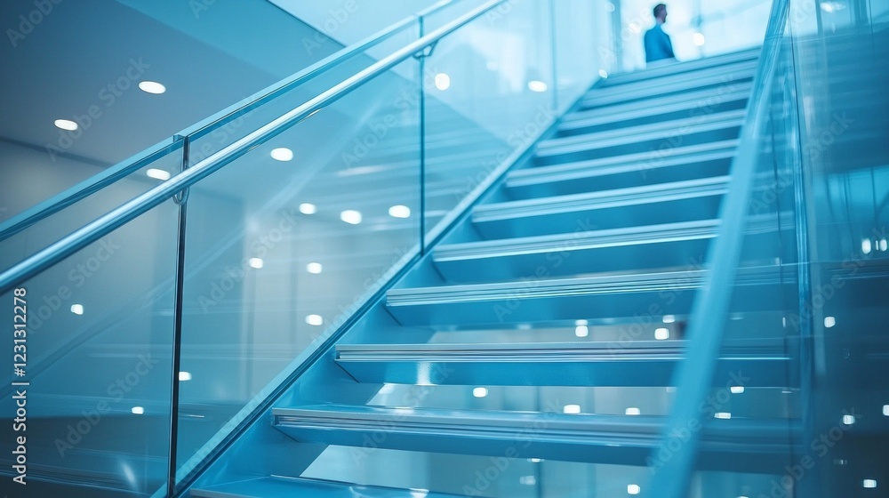 In a bustling office setting, business people are seen navigating sleek glass stairs, embodying the fast-paced corporate lifestyle. The atmosphere is vibrant and professional In a bustling office setting, business people are seen navigating sleek glass stairs, embodying the fast-paced corporate lifestyle. The atmosphere is vibrant and professional